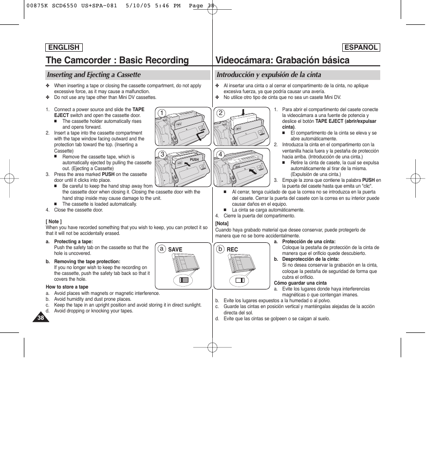 The camcorder : basic recording, Videocámara: grabación básica, Inserting and ejecting a cassette | Introducción y expulsión de la cinta, English español | Samsung SC-D6550-XAA User Manual | Page 38 / 154