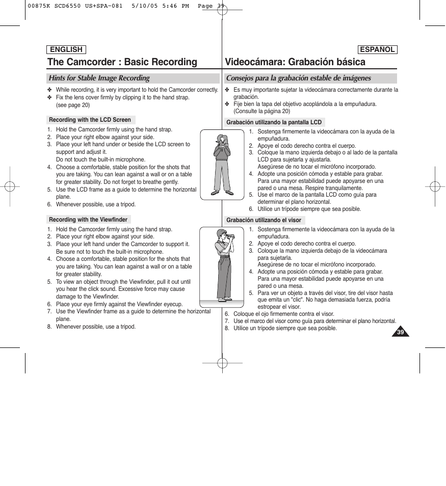 The camcorder : basic recording, Videocámara: grabación básica | Samsung SC-D6550-XAA User Manual | Page 39 / 154