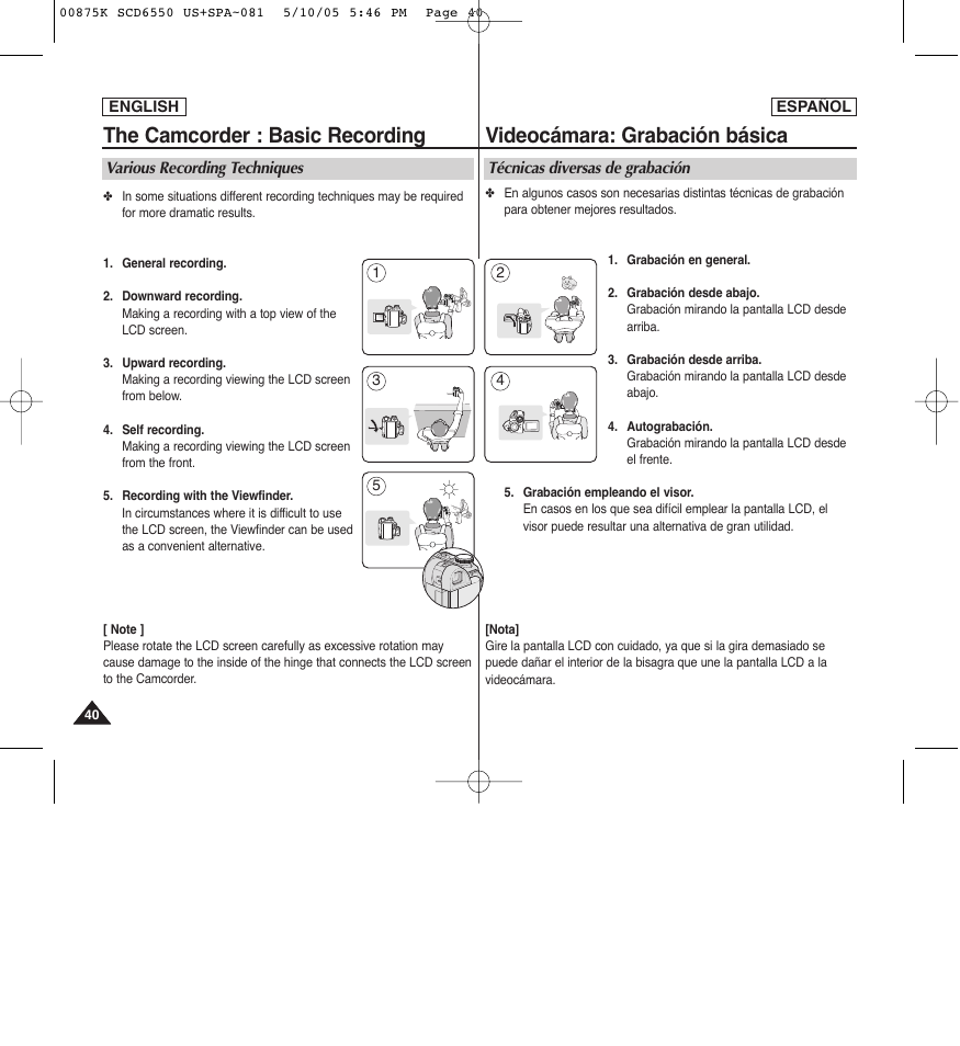 The camcorder : basic recording, Videocámara: grabación básica | Samsung SC-D6550-XAA User Manual | Page 40 / 154