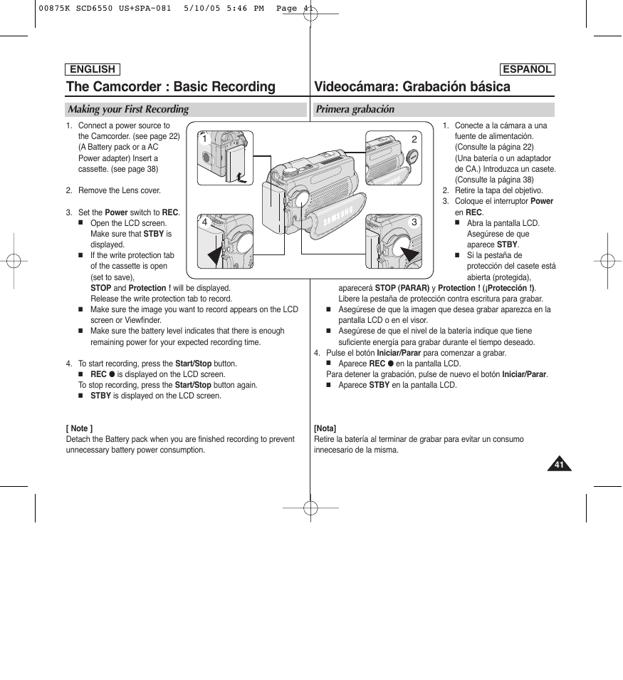 The camcorder : basic recording, Videocámara: grabación básica | Samsung SC-D6550-XAA User Manual | Page 41 / 154