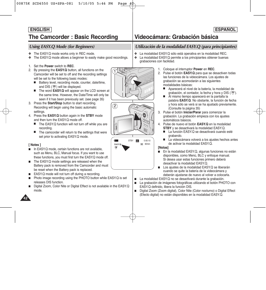 The camcorder : basic recording, Videocámara: grabación básica, Using easy.q mode (for beginners) | Samsung SC-D6550-XAA User Manual | Page 42 / 154