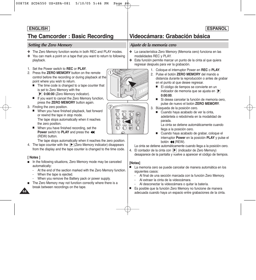 The camcorder : basic recording, Videocámara: grabación básica | Samsung SC-D6550-XAA User Manual | Page 44 / 154