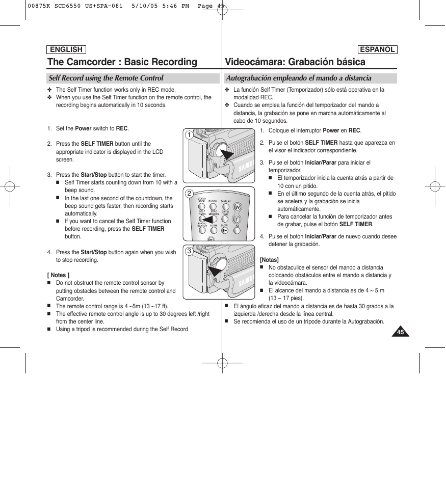 The camcorder : basic recording, Videocámara: grabación básica | Samsung SC-D6550-XAA User Manual | Page 45 / 154