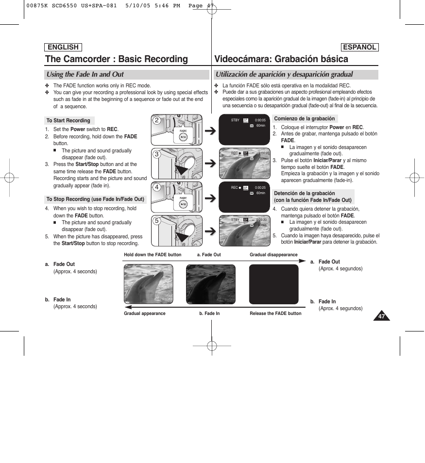 The camcorder : basic recording, Videocámara: grabación básica | Samsung SC-D6550-XAA User Manual | Page 47 / 154