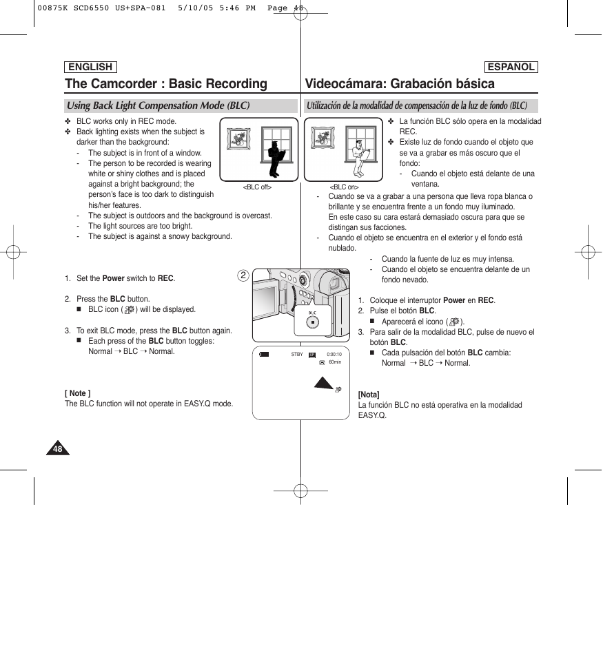 The camcorder : basic recording, Videocámara: grabación básica | Samsung SC-D6550-XAA User Manual | Page 48 / 154