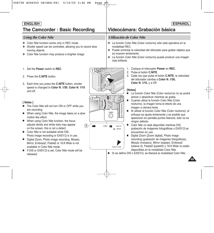 The camcorder : basic recording, Videocámara: grabación básica, Using the color nite | Utilización de color nite | Samsung SC-D6550-XAA User Manual | Page 49 / 154