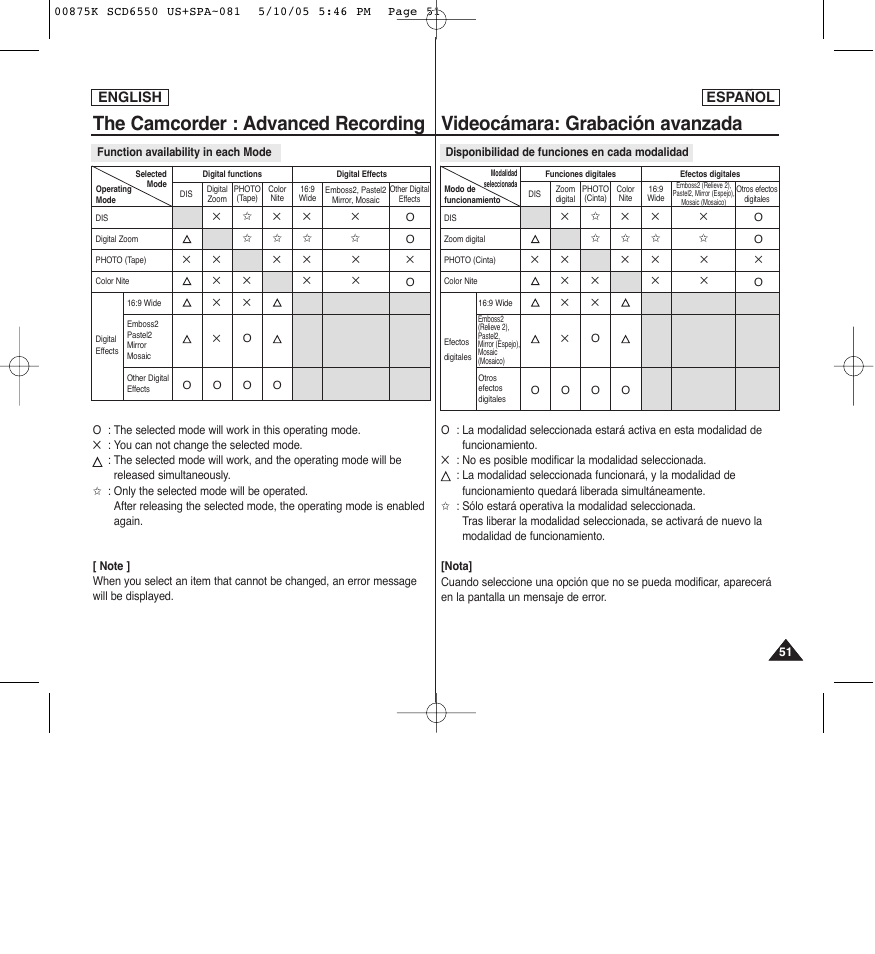 The camcorder : advanced recording, Videocámara: grabación avanzada, English | English español | Samsung SC-D6550-XAA User Manual | Page 51 / 154
