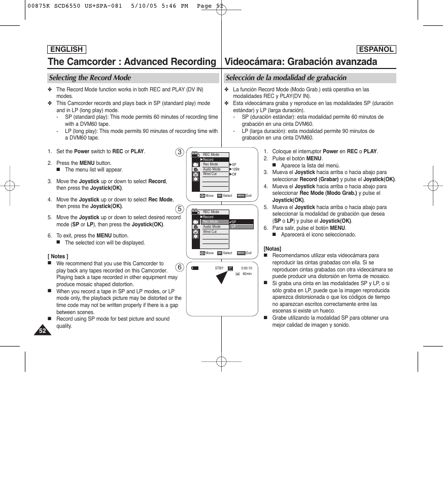 The camcorder : advanced recording, Videocámara: grabación avanzada, Selecting the record mode | Selección de la modalidad de grabación, English español | Samsung SC-D6550-XAA User Manual | Page 52 / 154