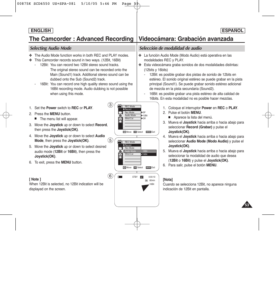 The camcorder : advanced recording, Videocámara: grabación avanzada, Selecting audio mode | Selección de modalidad de audio, English, English español | Samsung SC-D6550-XAA User Manual | Page 53 / 154