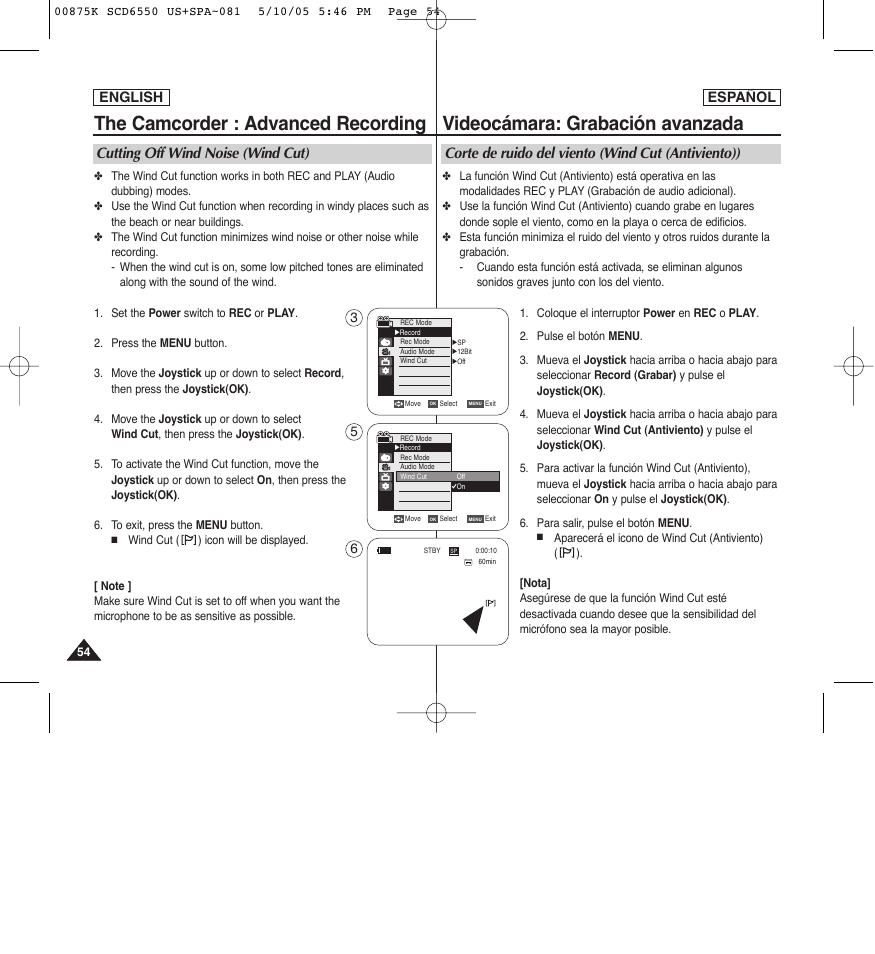 The camcorder : advanced recording, Videocámara: grabación avanzada, Cutting off wind noise (wind cut) | Corte de ruido del viento (wind cut (antiviento)), English español | Samsung SC-D6550-XAA User Manual | Page 54 / 154