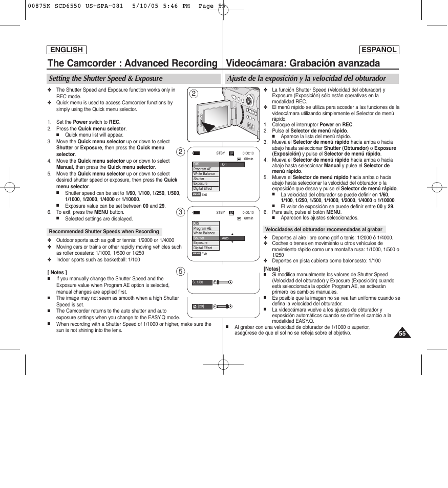 The camcorder : advanced recording, Videocámara: grabación avanzada, Setting the shutter speed & exposure | English, English español | Samsung SC-D6550-XAA User Manual | Page 55 / 154