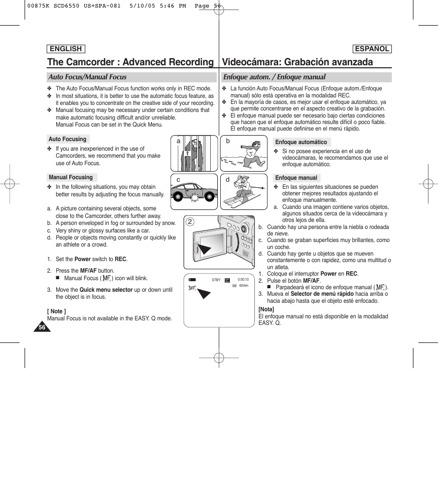 The camcorder : advanced recording, Videocámara: grabación avanzada | Samsung SC-D6550-XAA User Manual | Page 56 / 154