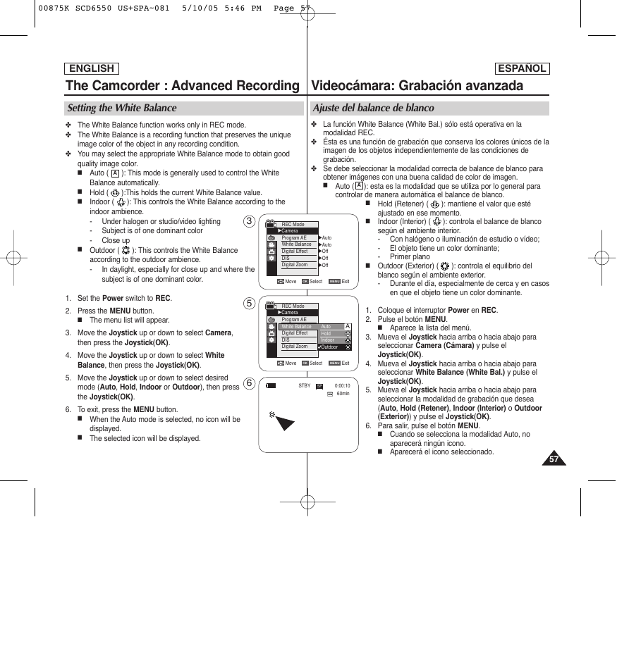 The camcorder : advanced recording, Videocámara: grabación avanzada, Setting the white balance | Ajuste del balance de blanco, English, English español | Samsung SC-D6550-XAA User Manual | Page 57 / 154