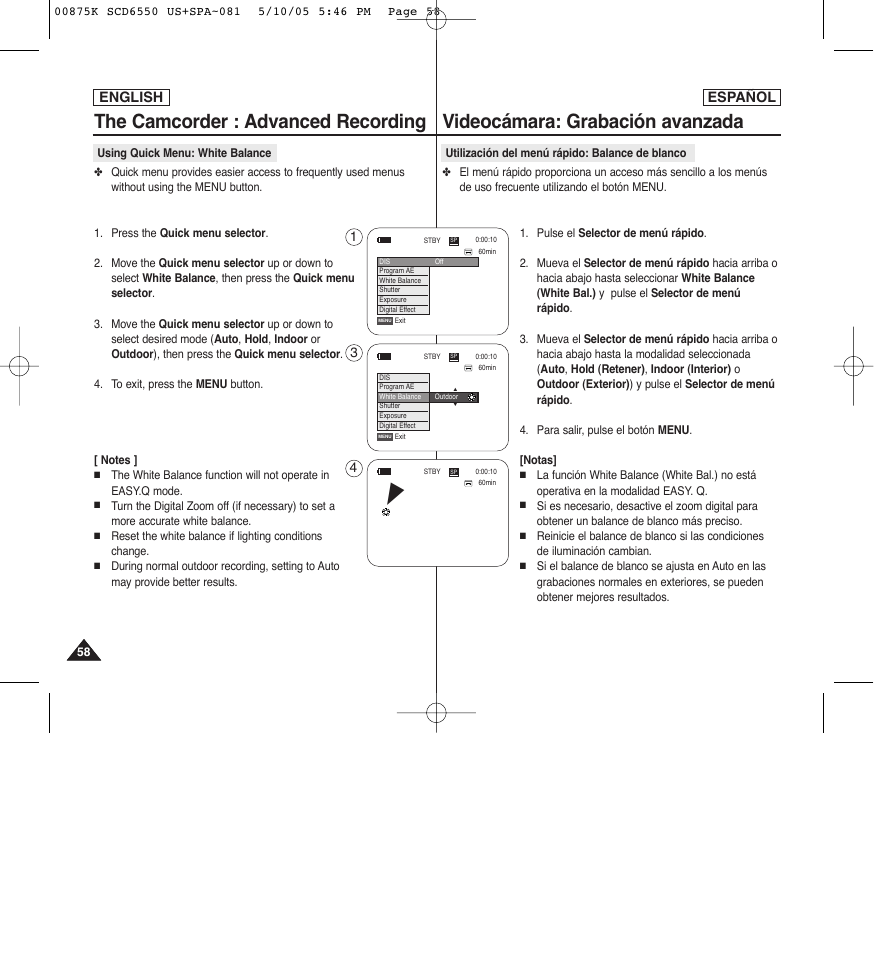 The camcorder : advanced recording, Videocámara: grabación avanzada, English español | Samsung SC-D6550-XAA User Manual | Page 58 / 154