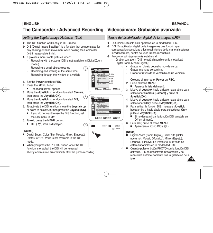 The camcorder : advanced recording, Videocámara: grabación avanzada, Setting the digital image stabilizer (dis) | English, English español | Samsung SC-D6550-XAA User Manual | Page 59 / 154