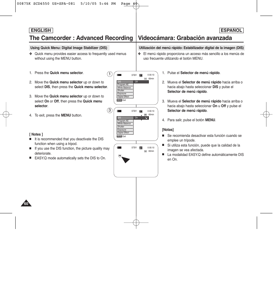 The camcorder : advanced recording, Videocámara: grabación avanzada, English español | Samsung SC-D6550-XAA User Manual | Page 60 / 154
