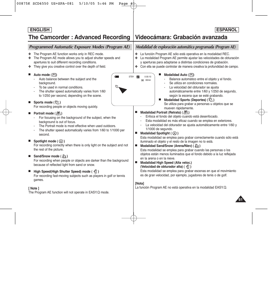 The camcorder : advanced recording, Videocámara: grabación avanzada, Programmed automatic exposure modes (program ae) | Samsung SC-D6550-XAA User Manual | Page 61 / 154