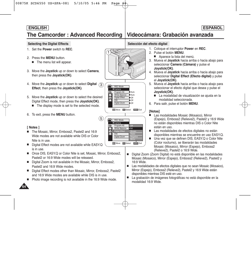 Videocámara: grabación avanzada, The camcorder : advanced recording, English español | Samsung SC-D6550-XAA User Manual | Page 64 / 154