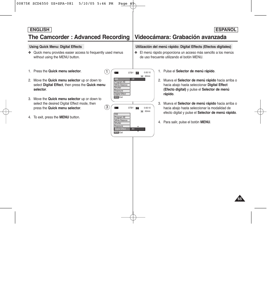 The camcorder : advanced recording, Videocámara: grabación avanzada, English | English español | Samsung SC-D6550-XAA User Manual | Page 65 / 154