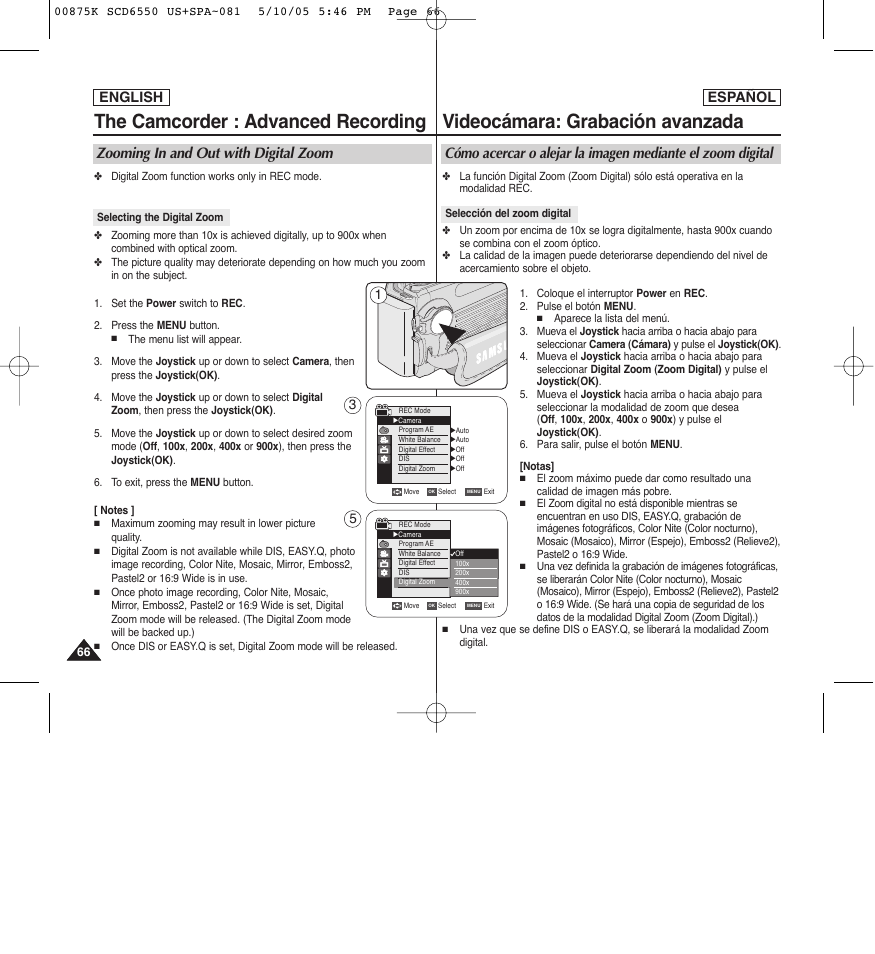 The camcorder : advanced recording, Videocámara: grabación avanzada, Zooming in and out with digital zoom | English español | Samsung SC-D6550-XAA User Manual | Page 66 / 154