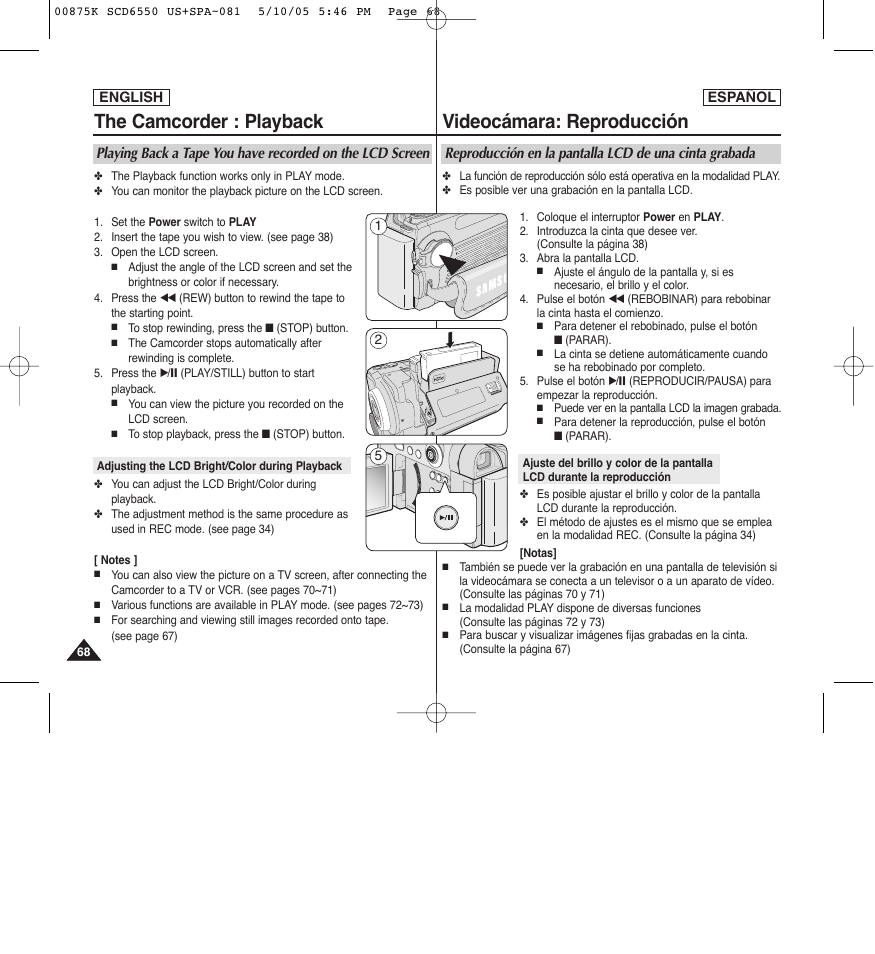 Videocámara: reproducción, The camcorder : playback | Samsung SC-D6550-XAA User Manual | Page 68 / 154