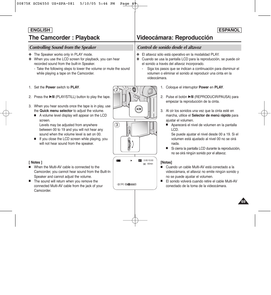 The camcorder : playback, Videocámara: reproducción, Controlling sound from the speaker | Control de sonido desde el altavoz | Samsung SC-D6550-XAA User Manual | Page 69 / 154