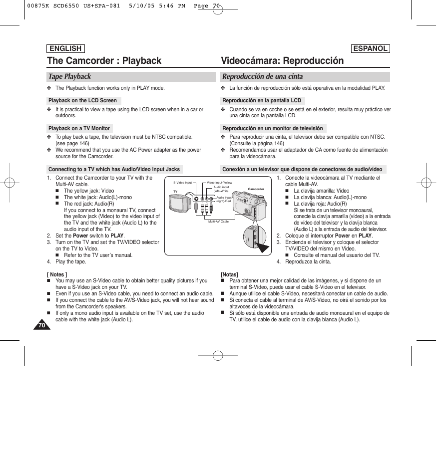 Videocámara: reproducción, The camcorder : playback, Reproducción de una cinta | Tape playback, English español | Samsung SC-D6550-XAA User Manual | Page 70 / 154