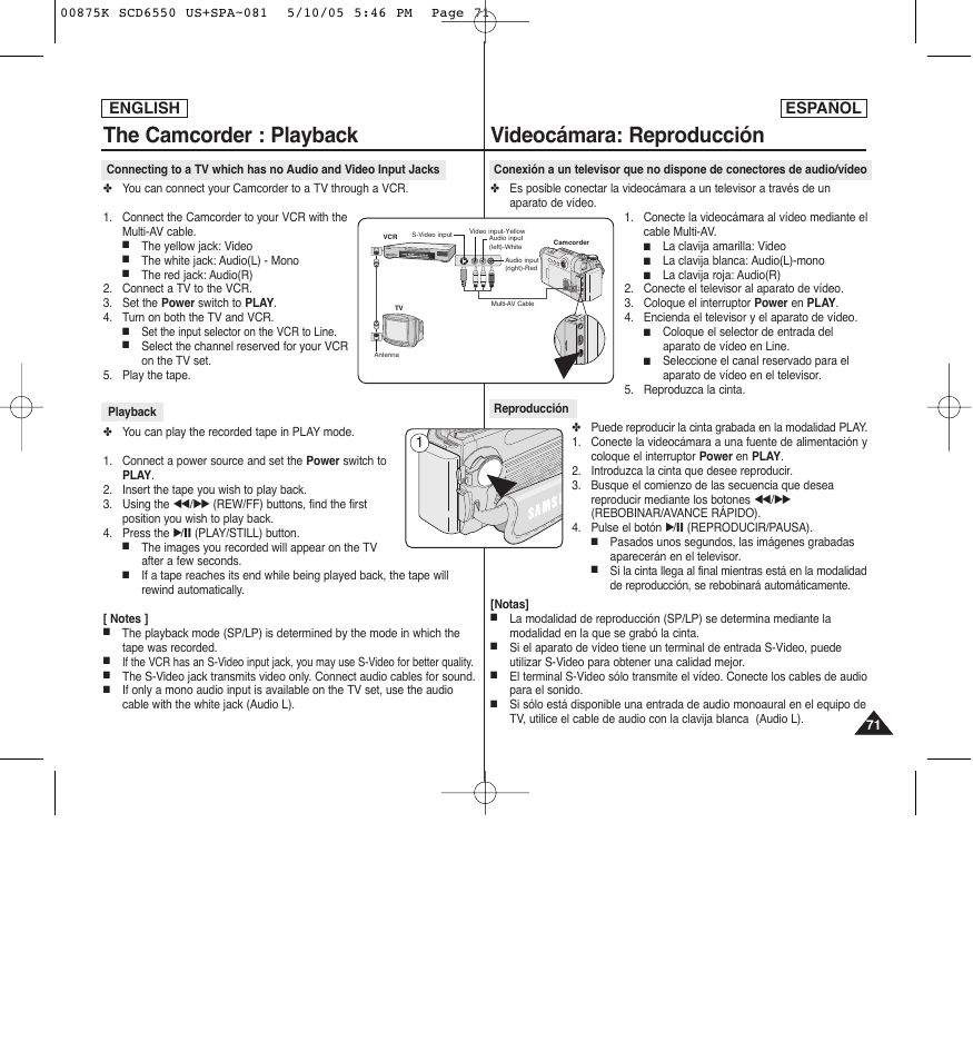 Videocámara: reproducción, The camcorder : playback, English | English español | Samsung SC-D6550-XAA User Manual | Page 71 / 154