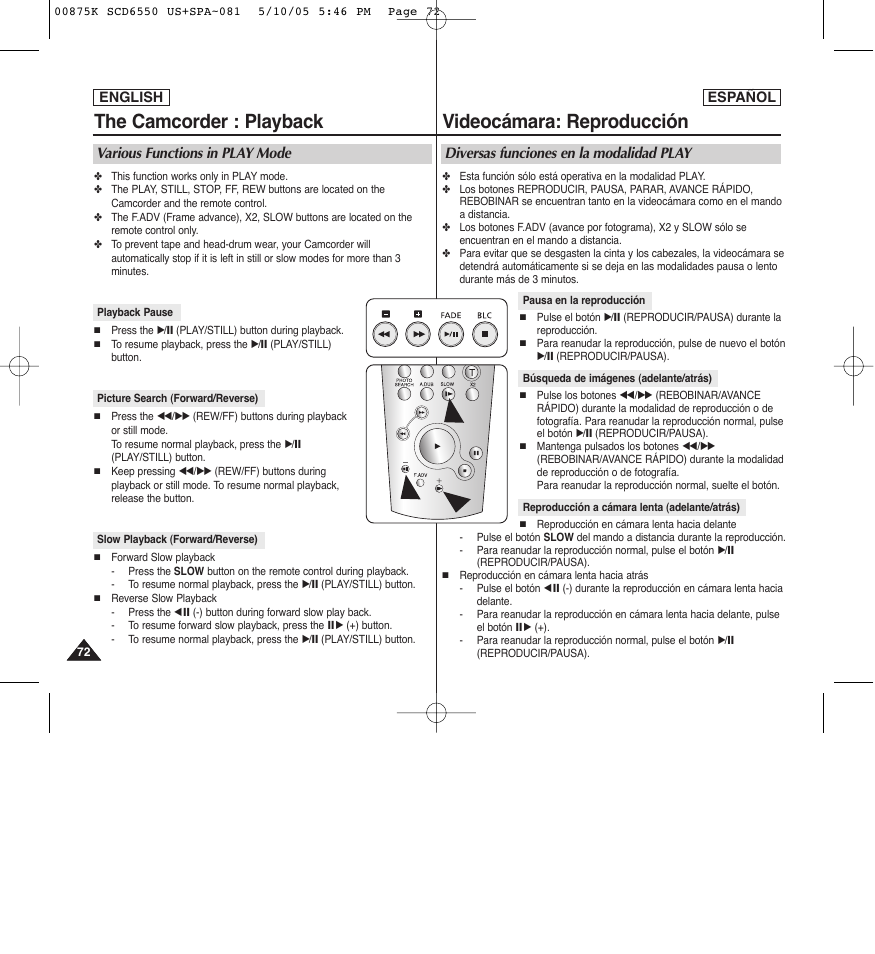 Videocámara: reproducción, The camcorder : playback, Diversas funciones en la modalidad play | Various functions in play mode | Samsung SC-D6550-XAA User Manual | Page 72 / 154