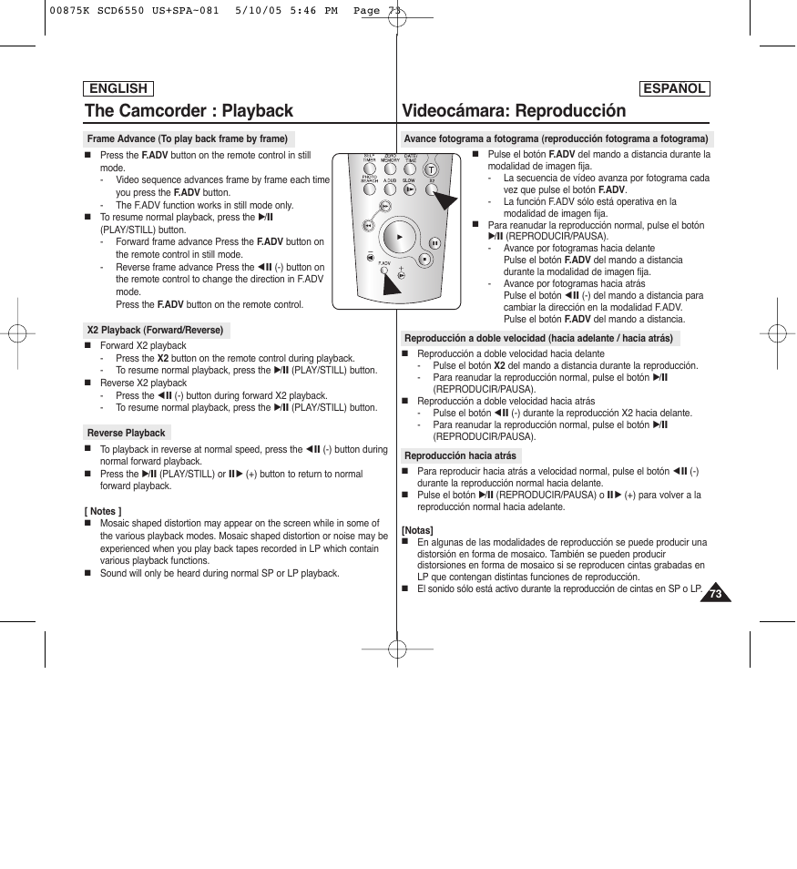 Videocámara: reproducción, The camcorder : playback | Samsung SC-D6550-XAA User Manual | Page 73 / 154