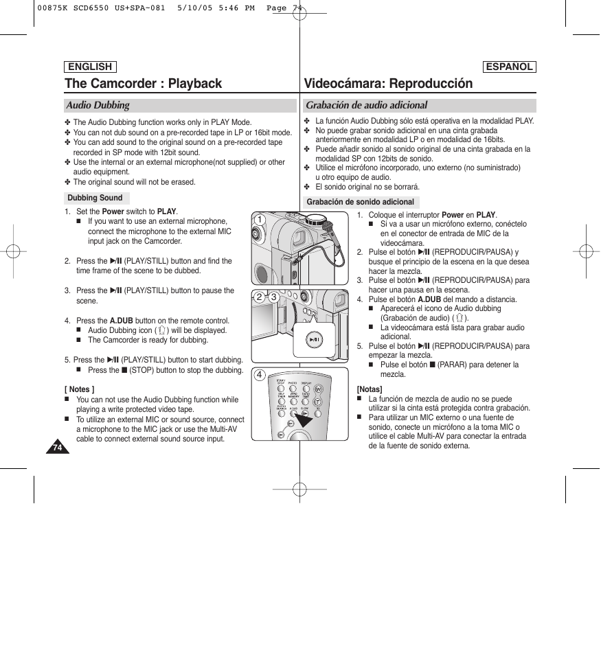 Videocámara: reproducción, The camcorder : playback | Samsung SC-D6550-XAA User Manual | Page 74 / 154