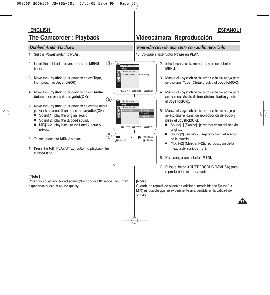 The camcorder : playback, Videocámara: reproducción, Dubbed audio playback | Reproducción de una cinta con audio mezclado, English, English español | Samsung SC-D6550-XAA User Manual | Page 75 / 154