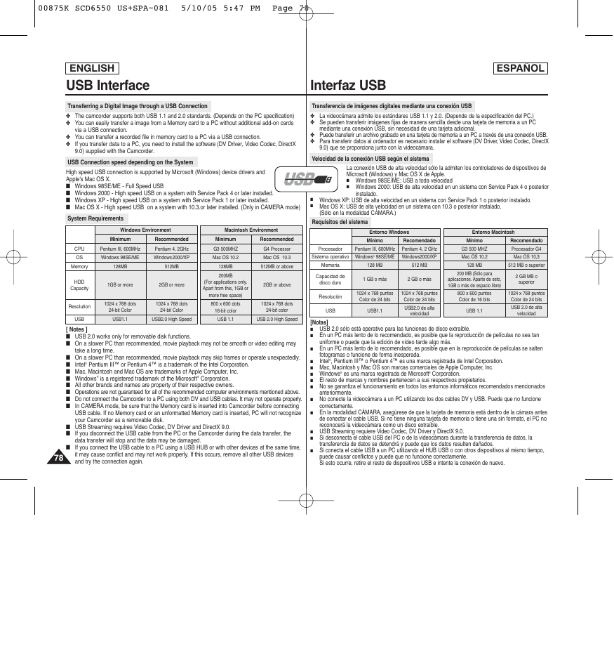 Interfaz usb, Usb interface, English español | Samsung SC-D6550-XAA User Manual | Page 78 / 154