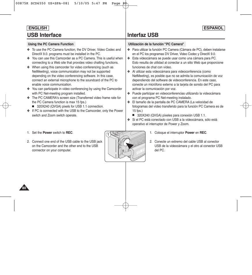 Usb interface, Interfaz usb | Samsung SC-D6550-XAA User Manual | Page 80 / 154