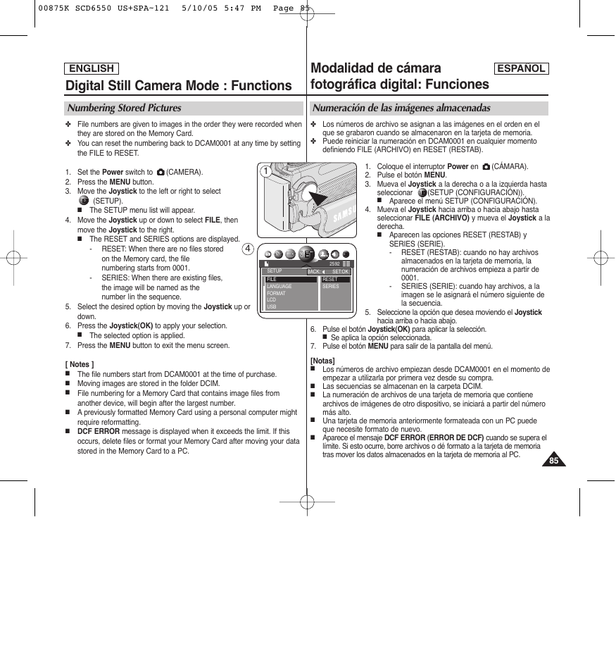 Digital still camera mode : functions, Modalidad de cámara fotográfica digital: funciones, Numbering stored pictures | Numeración de las imágenes almacenadas | Samsung SC-D6550-XAA User Manual | Page 85 / 154