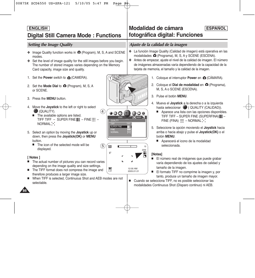 Digital still camera mode : functions, Modalidad de cámara fotográfica digital: funciones, Setting the image quality | Ajuste de la calidad de la imagen | Samsung SC-D6550-XAA User Manual | Page 86 / 154