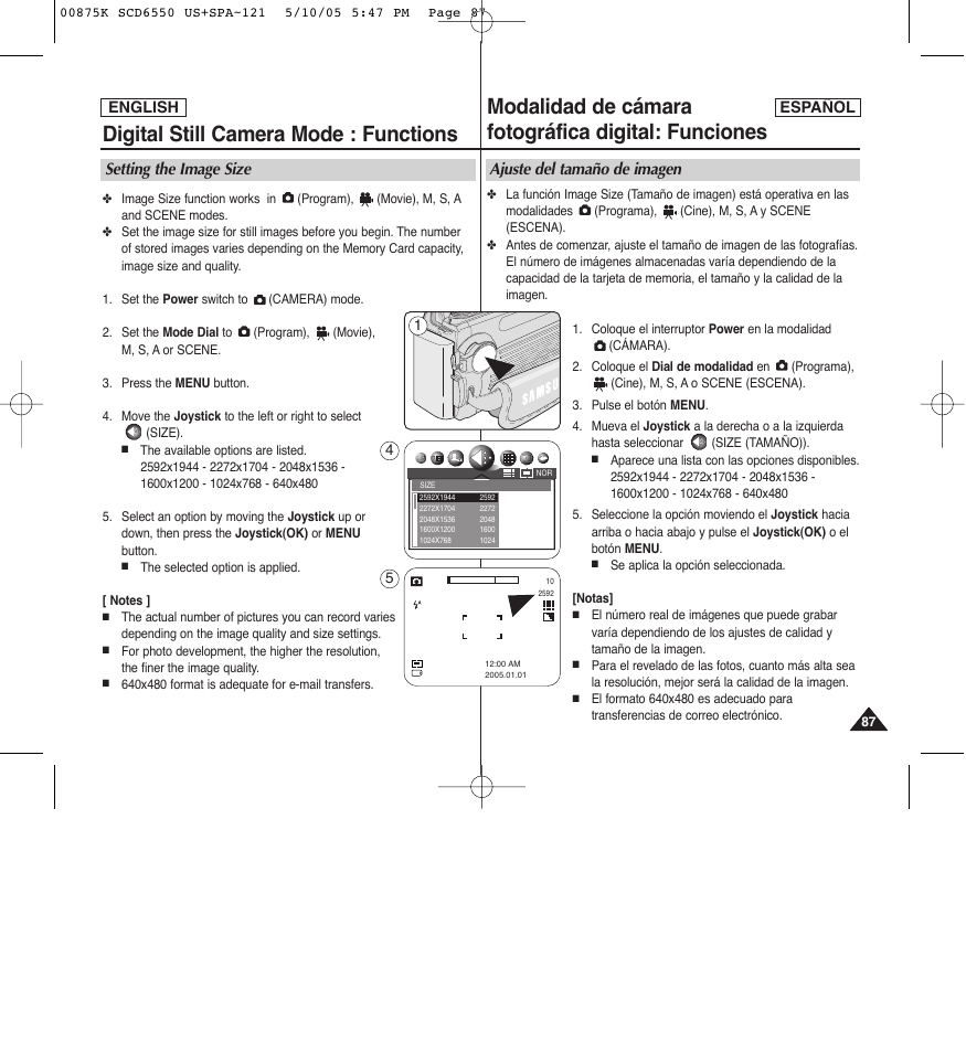 Digital still camera mode : functions, Modalidad de cámara fotográfica digital: funciones, Setting the image size | Ajuste del tamaño de imagen | Samsung SC-D6550-XAA User Manual | Page 87 / 154