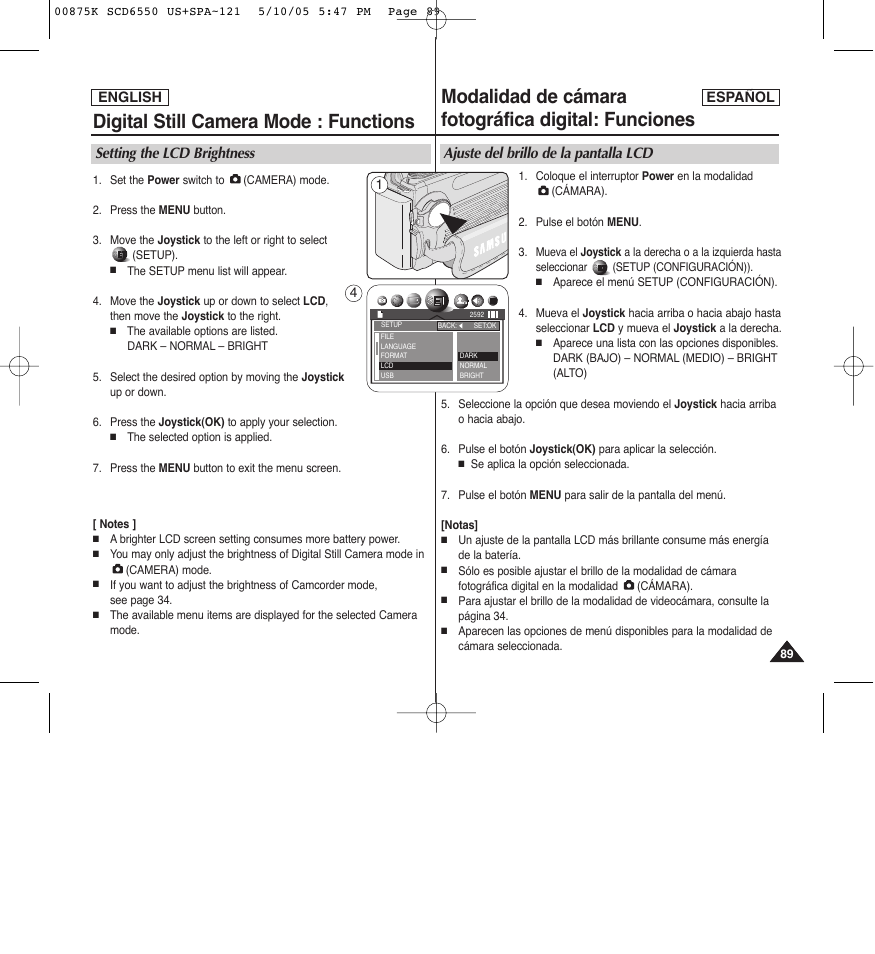 Digital still camera mode : functions, Modalidad de cámara fotográfica digital: funciones, Setting the lcd brightness | Ajuste del brillo de la pantalla lcd | Samsung SC-D6550-XAA User Manual | Page 89 / 154