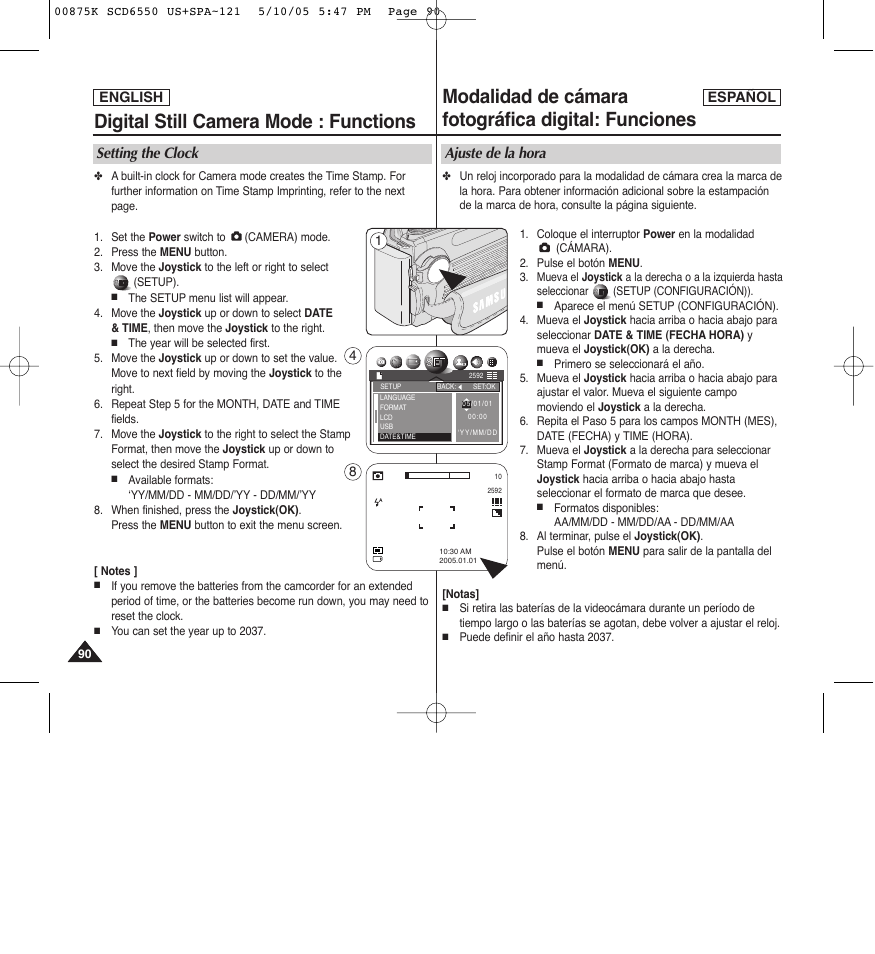 Digital still camera mode : functions, Modalidad de cámara fotográfica digital: funciones, Setting the clock | Ajuste de la hora | Samsung SC-D6550-XAA User Manual | Page 90 / 154