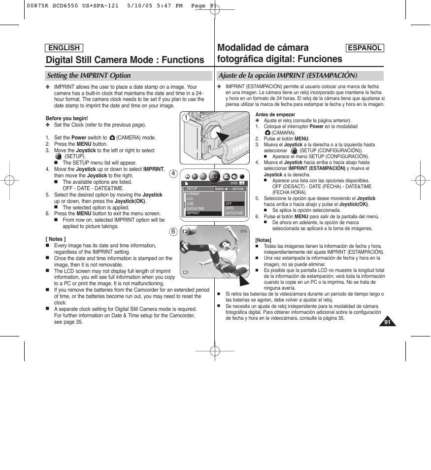 Digital still camera mode : functions, Modalidad de cámara fotográfica digital: funciones, Setting the imprint option | Ajuste de la opción imprint (estampación), English, English español | Samsung SC-D6550-XAA User Manual | Page 91 / 154