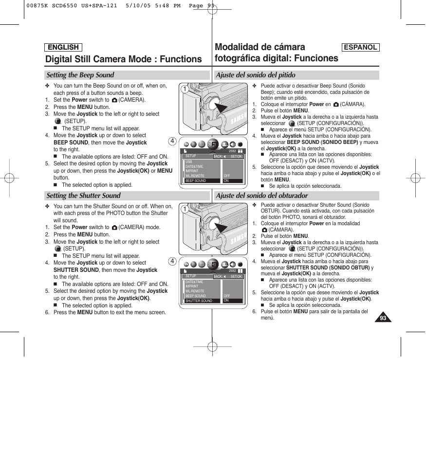 Modalidad de cámara fotográfica digital: funciones, Digital still camera mode : functions, Ajuste del sonido del pitido | Ajuste del sonido del obturador, Setting the beep sound, Setting the shutter sound | Samsung SC-D6550-XAA User Manual | Page 93 / 154