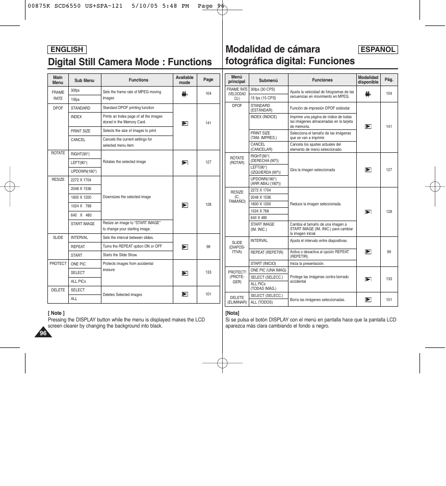 Digital still camera mode : functions, Modalidad de cámara fotográfica digital: funciones, English español | Samsung SC-D6550-XAA User Manual | Page 96 / 154