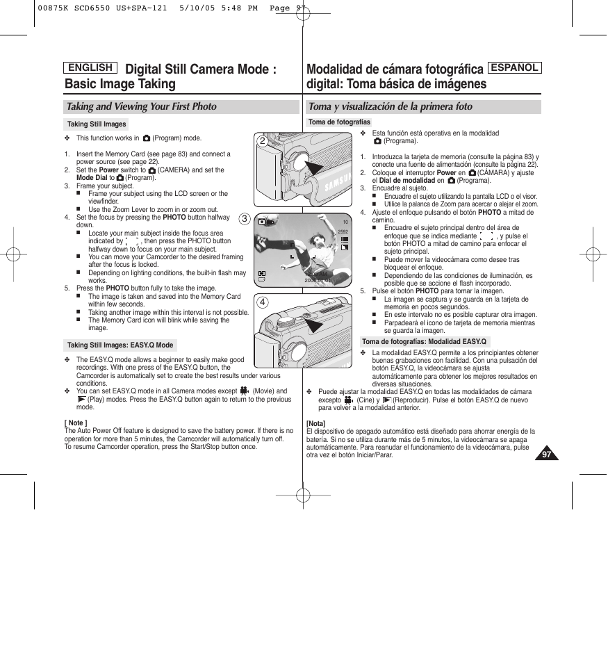 Digital still camera mode : basic image taking, Toma y visualización de la primera foto, Taking and viewing your first photo | English, English español | Samsung SC-D6550-XAA User Manual | Page 97 / 154