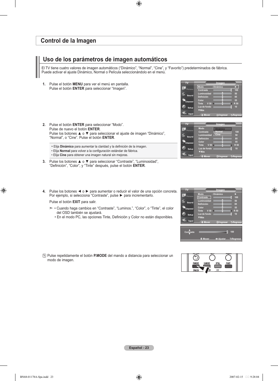 Uso de los parámetros de imagen automáticos, Control de la imagen | Samsung LNT4665FX-XAA User Manual | Page 113 / 178