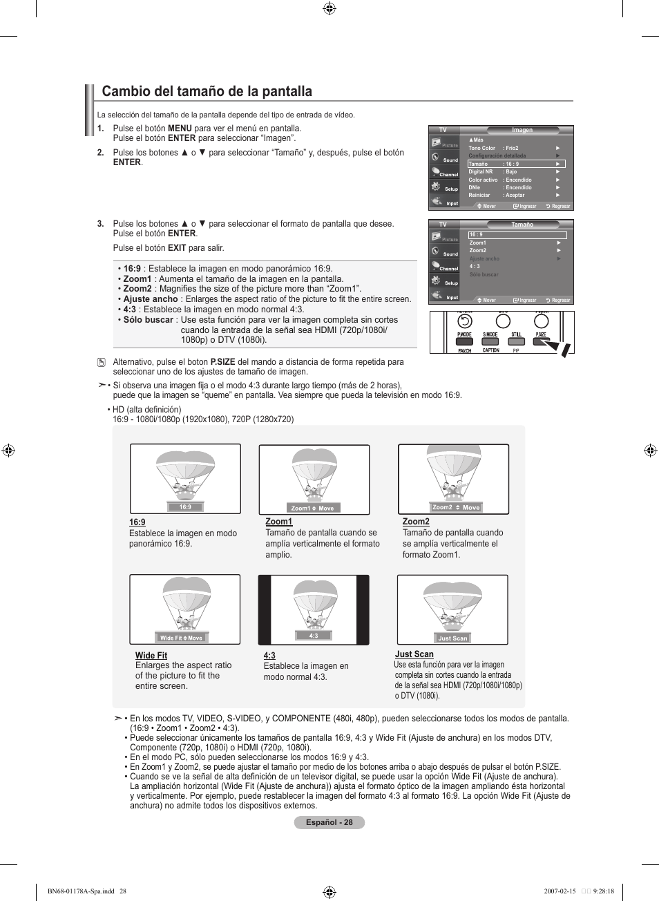 Cambio del tamaño de la pantalla | Samsung LNT4665FX-XAA User Manual | Page 118 / 178