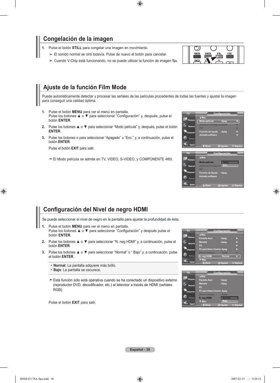 Congelación de la imagen, Ajuste de la función film mode, Configuración del nivel de negro hdmi | Samsung LNT4665FX-XAA User Manual | Page 120 / 178