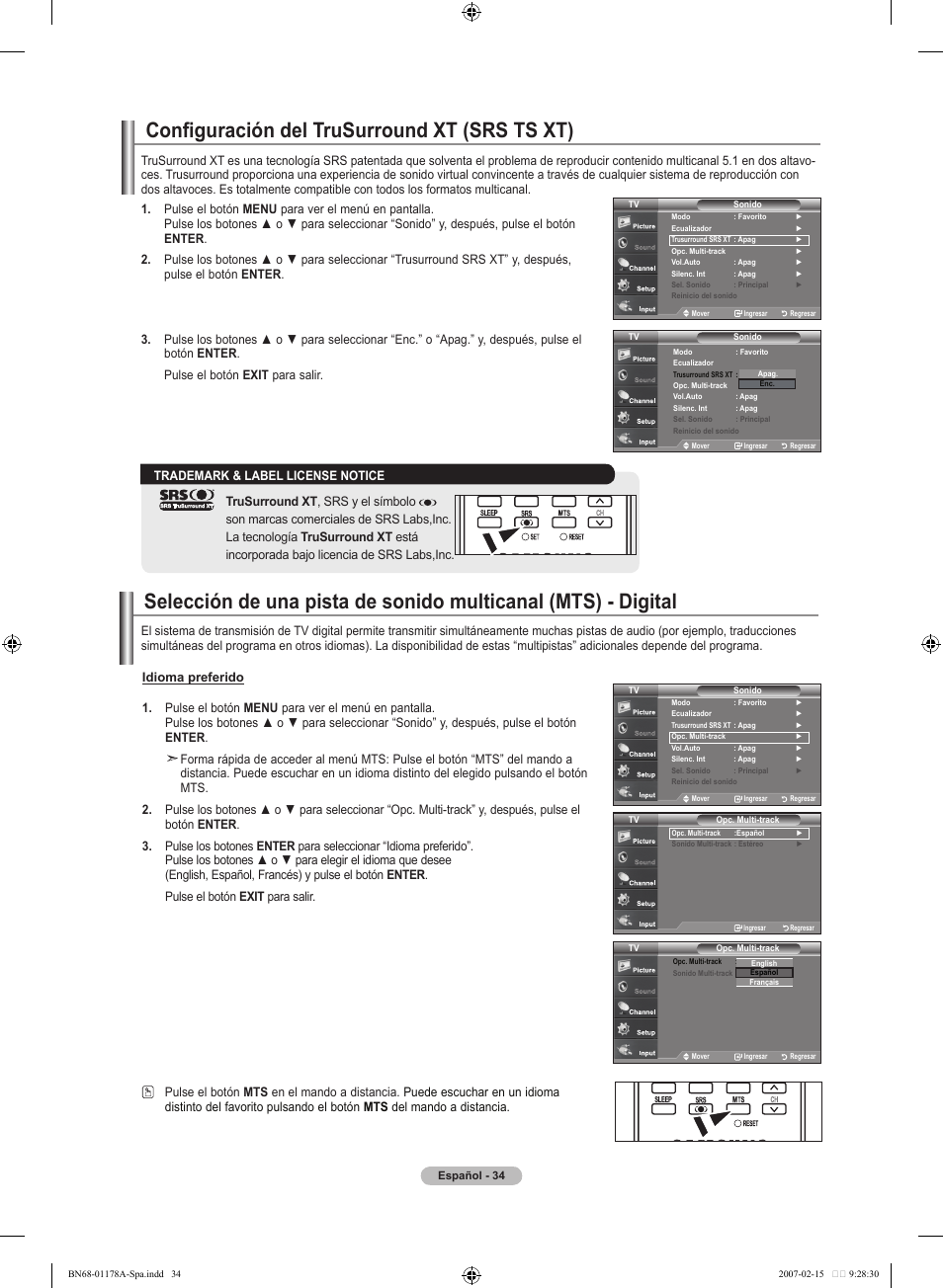 Configuración del trusurround xt (srs ts xt) | Samsung LNT4665FX-XAA User Manual | Page 124 / 178