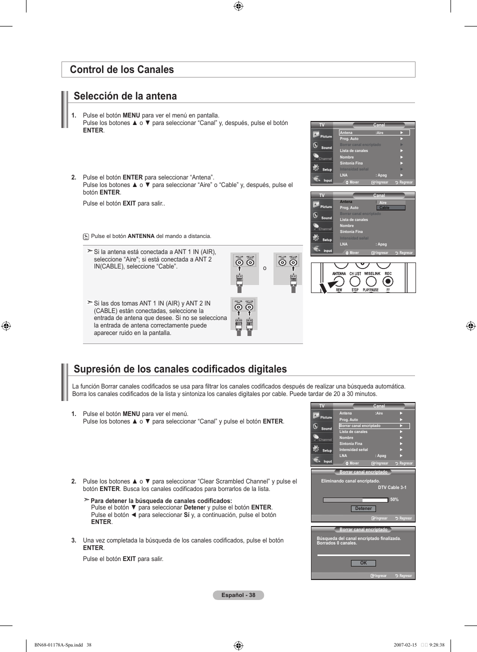 Control de los canales selección de la antena, Supresión de los canales codificados digitales | Samsung LNT4665FX-XAA User Manual | Page 128 / 178