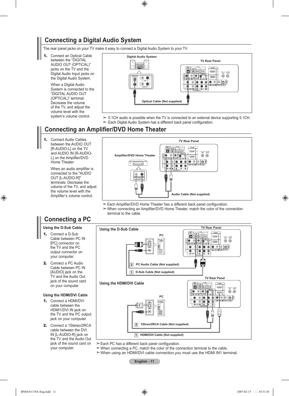 Connecting a digital audio system, Connecting an amplifier/dvd home theater, Connecting a pc | Samsung LNT4665FX-XAA User Manual | Page 13 / 178