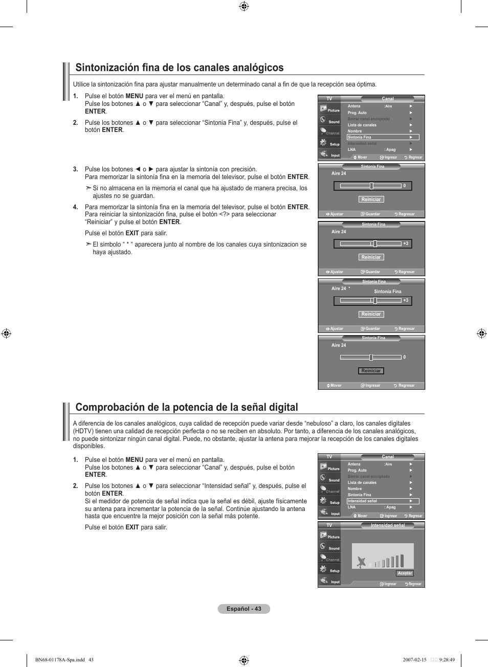 Sintonización fina de los canales analógicos, Comprobación de la potencia de la señal digital | Samsung LNT4665FX-XAA User Manual | Page 133 / 178